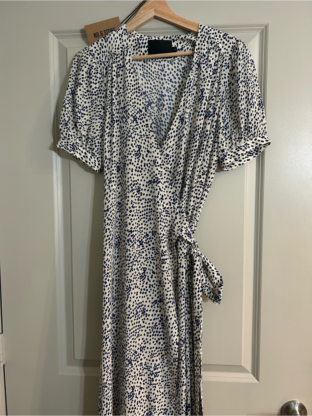 White and Navy Dot Midi Wrap Dress with Tie Waist